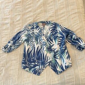 Chico’s Blue & White Tropical Floral Linen Cardigan Top Size 1